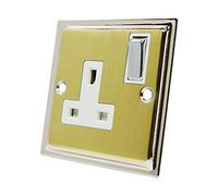 Slimline Duo Satin Brass Polished Chrome 1 Gang Socket White Insert Metal Rocker Switch - 13 Amp Single Plug Socket