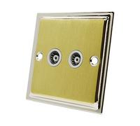 Slimline Duo Satin Brass Polished Chrome 2 Gang TV Socket White Insert - 2 Gang Aerial Coaxial Female Socket