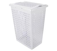 Slimline Plastic Bathroom Washing Basket Laundry Linen 48L Hamper Storage Clothes Bin Hinged Lid Rattan Style (WHITE)