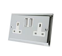 Slimline Polished Chrome 2 Gang Socket White Insert Metal Rocker Switches - 13 Amp Double Plug Socket