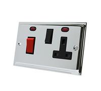 Slimline Polished Chrome Cooker Control Unit Black Insert - 2-Gang 45A Cooker Switch with 13A Switched Plug Socket and Neon Indicators
