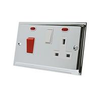 Slimline Polished Chrome Cooker Control Unit White Insert - 2-Gang 45A Cooker Switch with 13A Switched Plug Socket and Neon Indicators