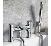 Slimline Round Bath Shower Mixer Tap - Dual Pillar Design with Brass Cartridge - Modern Bathroom Deck-Mounted Tap with Handheld Shower - Chrome, Brushed Brass, Matte Black Finish (Chrome)