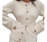 Slimming Button Cardigan Sweater Ultra-Soft Solid Knit Bell Sleeves Open-Front Versatile Round Neck (Color : Apricot, Size : M)