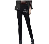 Slimming Fit Trousers for Women Solid Color Letter Print Fleece Lined Thickened Leggings High Waist Long Tight Pants Soft Fabric Stretchy Thermal Wear Cold Weather Fashion