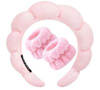 SLINCE Spa Headband Wristband for Women Girls Face Washing, Facial Skincare Headband Sunflower Sponge Makeup Hairband Wrist Washband Combo Set - Pink
