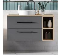 Sline 990mm Wall-Hung Bathroom Vanity Unit With 2 Soft Close Drawers For Storage,ceramic Basin, Oak, Anthracite, Flat Packed