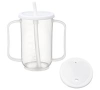 Sliner 1 Pcs Adult Sippy Cups for Elderly, 12 oz Plastic Spill Proof Cups with 2 Handles Straw and Lid for Adults Hospital Disabled Dysphagia Patients (White)
