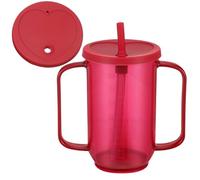 Sliner 1 Pcs Adult Sippy Cups for Elderly, Plastic Spill Proof Cups with 2 Handles Straw and Lid for Adults Hospital Disabled Handicapped Patients, 12 oz (Red)
