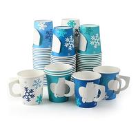 Sliner 100 Pcs Winter Disposable Paper Cups with Handles 9 oz Snowflake Espresso Cups Winter Coffee Mugs Beverage Drink Dinnerware Set for Holiday Party Supplies