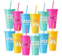 Sliner 12 Pcs Mahjong Cups with Lids and Straws 24 oz Reusable Plastic Mah-jong Tumblers Funny Mahjong Party Supplies Gifts for Mah-jong Players Lovers Travel Game Night