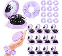 Sliner 12 Set Mini Hair Brush with Mirror and Scrunchies Folding Portable Cushion Comb Satin Scrunchies Pocket Travel Brush Mini Pop up Brushes for Women Gifts Travel Wet and Dry Hair(Purple)