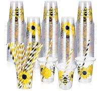 Sliner 120 Pcs Bee Party Disposable Plastic Cups 12 oz Plastic Honey Bee Disposable Drinkware with Paper Straws for Baby Shower Birthday Party Supplies Tableware Decorations Beverage Ice Cream Snacks