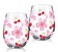 Sliner 2 Pack 17oz Cherry Blossom Stemless Wine Glasses Cherry and Flower Drinking Glasses Floral Tumbler Cups for Women Wedding Birthday Gift Parties Supplies