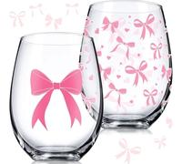 Sliner 2 Pack Coquette Pink Bow Wine Glasses 17oz Aesthetic Glass Cup Pink Cute Glass Trendy Inspired Wine Cup for Birthday Valentine's Day Party Supplies, Gifts for Girls Women Friends