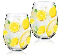 Sliner 2 Pack Lemon Stemless Wine Glasses 17oz Lemon Drinking Glasses Clear Stemless Wine Tumbler Unique Gift for Wedding, Mother's Day Birthday Drinking Party