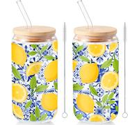 Sliner 2 Pcs Amalfi Lemon Glass Cups with Lid Straw, 16 oz