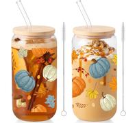 Sliner 2 Pcs Fall Glass Cups Pumpkin Maple Leaves Drinking Tumbler Thanksgiving Gifts 16 oz Iced Coffee Cup with Lid Straw Cleaning Brush for Autumn Home Office Holiday Decorations