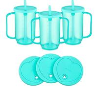 Sliner 3 Pcs Adult Sippy Cups for Elderly, 12 oz Plastic Spill Proof Cups with 2 Handles Straw and Lid for Adults Hospital Disabled Dysphagia Patients (Blue)