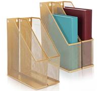 Sliner 4 Pack Gold Metal Magazine Holder Mesh Steel Document Rack 1 Section File Organizer Extra Wide Magazine Folder Storage Desk Tidy for Office Home, 12.6"x 9.8"x 3"