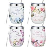 Sliner 4 Pcs Christian Gifts Tumbler Set Floral Inspirations Bible Verse Design Mug Set with Lid and Straw Tea Coffee Mug Set for Women Christian Bible Christmas Gifts (Fresh, 12 oz, Stainless Steel)