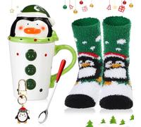 Sliner 4 Pcs Christmas Penguin Gifts Set Include Ceramic Penguin Coffee Mugs with Lid Red Spoon Mini Xmas Keychain Cute Winter Fuzzy Socks Thank You Birthday Christmas Gifts for Women Men