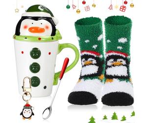 Sliner 4 Pcs Christmas Penguin Gifts Set Include Ceramic Penguin Coffee Mugs with Lid Red Spoon Mini Xmas Keychain Cute Winter Fuzzy Socks Thank You Birthday Christmas Gifts for Women Men