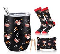Sliner 4 Pcs Music Teacher Gifts Musical Wine Tumbler 12 oz Socks Makeup Bags Keychains for Choir Marching Band Musicians Singers Christmas Gifts (Musical Drums)