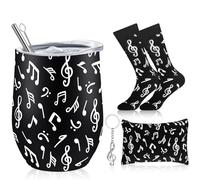 Sliner 4 Pcs Music Teacher Gifts Musical Wine Tumbler 12 oz Socks Makeup Bags Keychains for Choir Marching Band Musicians Singers Christmas Gifts(Musical Notes)