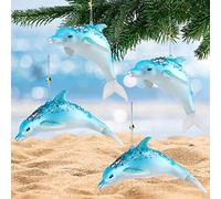 Sliner 4 Pcs Ocean Themed Christmas Tree Decorations Beach Christmas Dolphins Ornaments Glass Hand Blown Xmas Tree Dolphin Hanging Ornament Glitter Blue Dolphin Decor for Christmas Ocean Sea Party