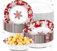 Sliner 40 Pcs 16 oz Christmas Paper Bowls - Red Snowflake Design - White Cardboard Material - Classic Style - Disposable Bowls for Salad, Soup, Dessert, Snack