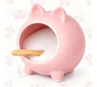 Sliner Ceramic Salt Pig with Wooden Spoon Pink Cute Pig Shaped Salt Cellar Holder Countertop Storage Container for Kitchen Counter Dishwasher Safe