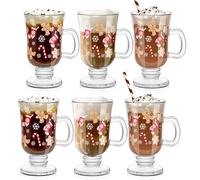 Sliner Set of 6 Christmas Glass Coffee Mugs with Handle, 8 oz Clear Irish Coffee Mugs Footed Irish Glasses Christmas Glasses Winter Holiday Cups for Beverages Latte Hot Chocolate (Colorful)