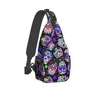 Sling Backpack for Women, Cute Multipurpose Crossbody Shoulder Bag, Comfortable and Lightweight Adjustable Travel Hiking Daypack Compatible with Day of The Dead Purple Sugar Skulls