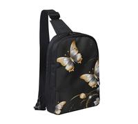Sling bag for Women Men Trendy Sling Bakpack Casual Chest Bag Mid Century Modern Fanny Pack for Travel Hiking, Gold White Butterflies Black, One Size