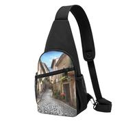 Sling bag for Women Men Trendy Sling Bakpack Casual Chest Bag Mid Century Modern Fanny Pack for Travel Hiking, Italian Town Street, One Size