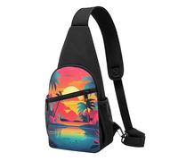 Sling bag for Women Men Trendy Sling Bakpack Casual Chest Bag Palm Trees on the Island Fanny Pack for Travel Hiking, Palm Trees Among Sunset, One Size