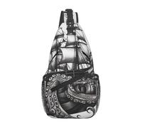 Sling Bags for Women Men Black and White Octopus and Ship Sling Backpack Adjustable Belt Bum Bags Fanny Pack for Travel Sports Running Hiking Waist Packs, Black, One Size