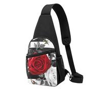 Sling Bags for Women Men Black White Stripes Red Rose Flowers Sling Backpack Adjustable Belt Bum Bags Fanny Pack for Travel Sports Running Hiking Waist Packs