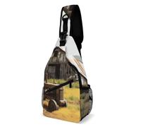 Sling Bags for Women Men Old Wooden Barn with Rusted Tractor Sling Backpack Adjustable Belt Casual Chest Daypack Bum Bags