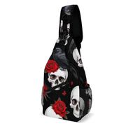 Sling Shoulder Bags Gothic Crow Red Roses Flowers Skull Florals Crossbody Leisure Backpack Unisex Sling Bag For Travelling Runner Workout