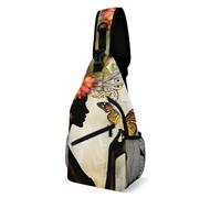 Sling Travel Bag, Unisex Chest Shoulder Pack, Suitable for Sports, Cycling and City Trips, Girl Silhouette with Flower Butterfly