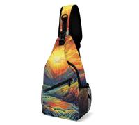 Sling Travel Bag, Unisex Chest Shoulder Pack, Suitable for Sports, Cycling and City Trips, Mountains And River at Sunset
