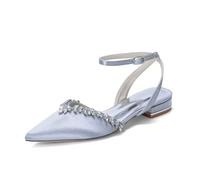 Slingback Satin Wedding Shoes for Bride Flat for Women Closed Pointed Toe Rhinestones Strap Buckle Ballet Pumps Sandals Party Dress Shoes 18448-54YK,Silver,6.5 UK