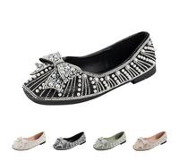 Slip-on Ballet Shoes Women's Pearl Rhinestone Dressy Flats Shoes Ladies Fashion Elegant Wedding Low Wedge Square Toe Sparkly Ballet Flats with Comfortable Bow Size 6.5 Black
