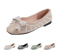 Slip-on Ballet Shoes Women's Pearl Rhinestone Dressy Flats Shoes Ladies Fashion Elegant Wedding Low Wedge Square Toe Sparkly Ballet Flats with Comfortable Bow Size 5 Khaki