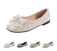 Slip-on Ballet Shoes Women's Pearl Rhinestone Dressy Flats Shoes Ladies Fashion Elegant Wedding Low Wedge Square Toe Sparkly Ballet Flats with Comfortable Bow Size 6 Beige