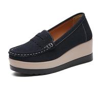Slip On for Women 2026 Comfort Platform Loafers Ladies Suede Chunky Penny Wedge Low Top Loafers Non-Slip Casual Walking Business Work Office Leisure Shoes Dark Blue