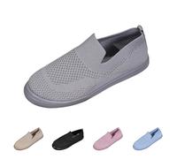 Slip On Knit Dressy Shoes Women's Loafers Casual Low-Top Flats Breathable Mesh Walking Shoes Ladies Wide Fit Soft Sole Comfortable Lightweight Trainers with Memory Foam Size 4.5 Grey