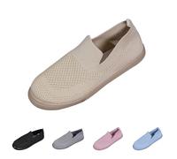 Slip On Knit Dressy Shoes Women's Loafers Casual Low-Top Flats Breathable Mesh Walking Shoes Ladies Wide Fit Soft Sole Comfortable Lightweight Trainers with Memory Foam Size 4.5 Beige